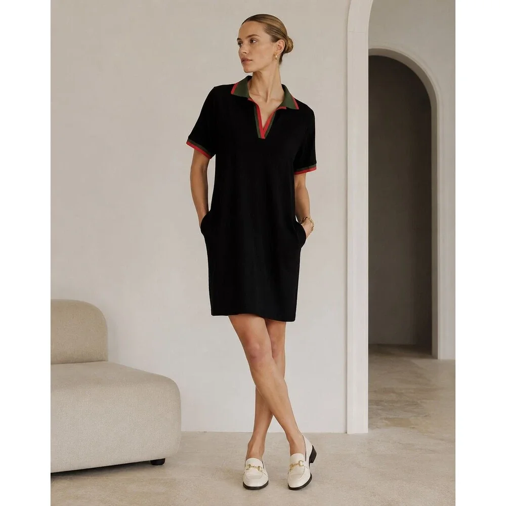 Tuckernuck Hutton Polo Dress XL Black Red Green Cotton Short Sleeve Pockets